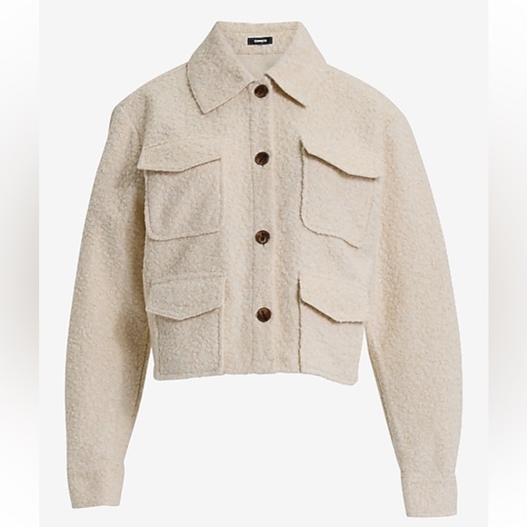 Express Boucle Four Pocket Cropped Sand-shell Teddy Jacket - Picture 2 of 2